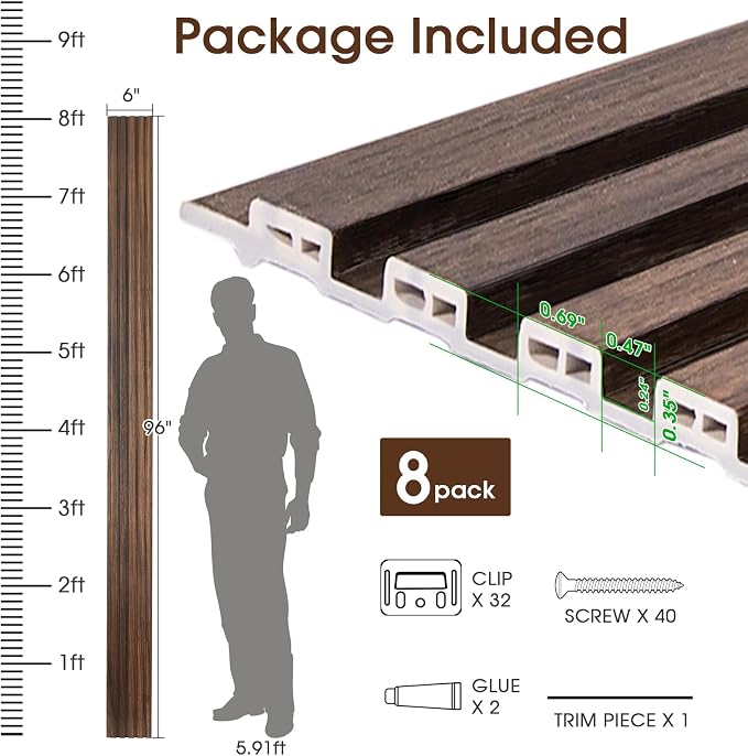 WPC Slat Wall Panels 8 Pack 96" x 6", Waterproof Fluted Wall Paneling, Accent - Image 5