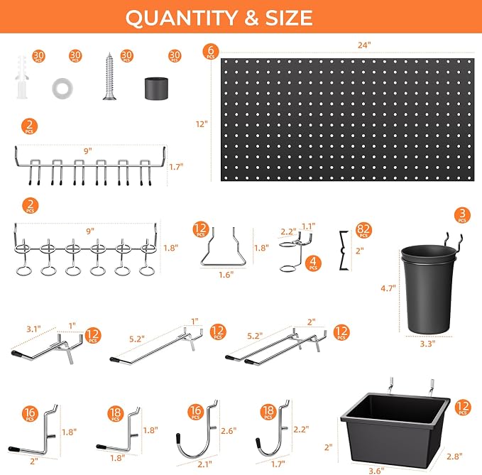 INCLY 226PCS Metal Pegboard Wall Organizer, 48x36 Inch Black Peg Board Panels - Image 4