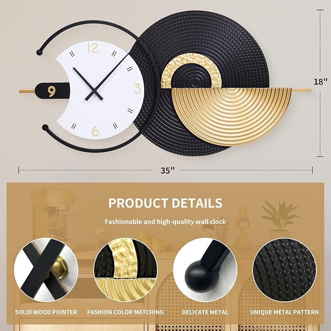 Large Wall Clock Geometric Oversize Modern Clocks Battery Operated Gold Iron - Image 2