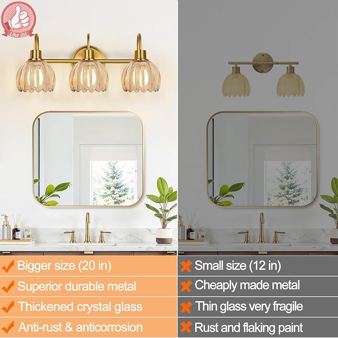 Bathroom Light Fixtures, 3-Light Brushed Gold Vanity Lights - Image 4