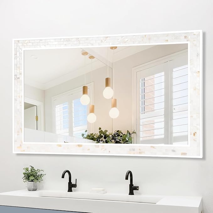 Tanmicoshomy 30 x 48 Inch White Bathroom Mirror, Natural Shell Framed by Tanmicoshomy