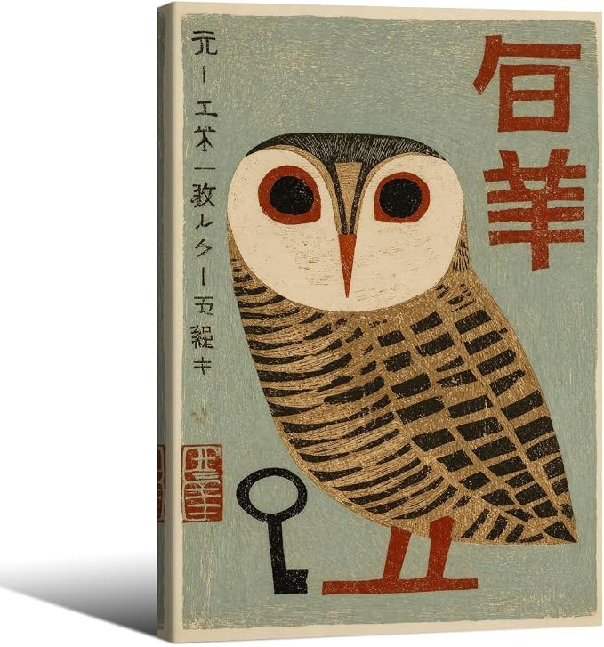 Vintage Japanese Framed Wall Art Owl Poster Mid Century Animal Print 24x36in by Heltrappe