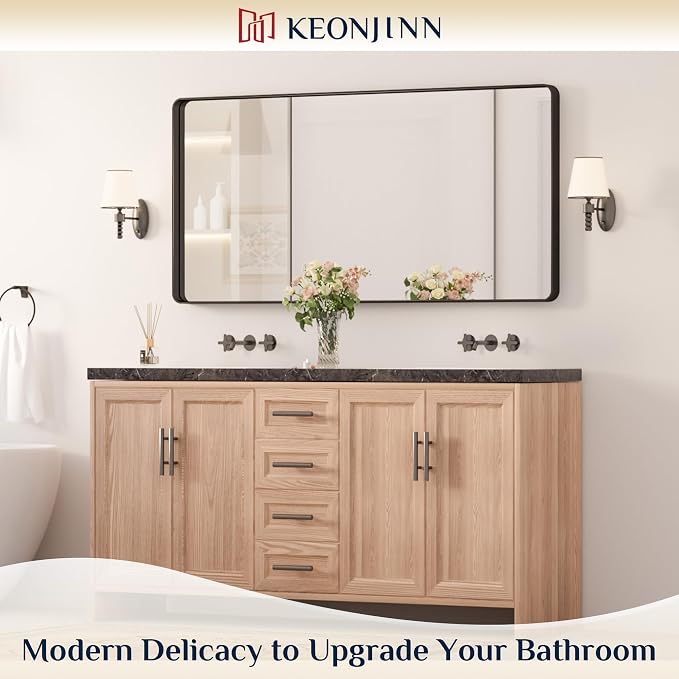 Keonjinn Black Bathroom Mirror for Over Sink, 48 x 24 Inch Large Rounded - Image 2