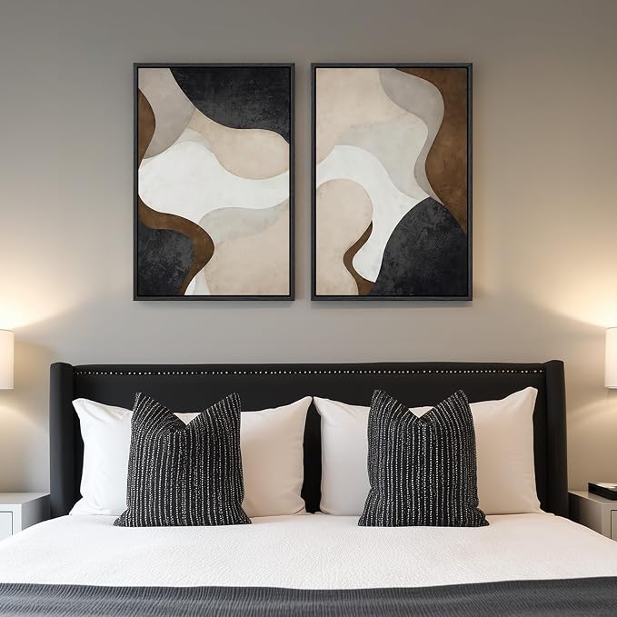 Framed Neutral Abstract Minimalist Wall Art Set of 2, Modern Canvas Prints - Image 2