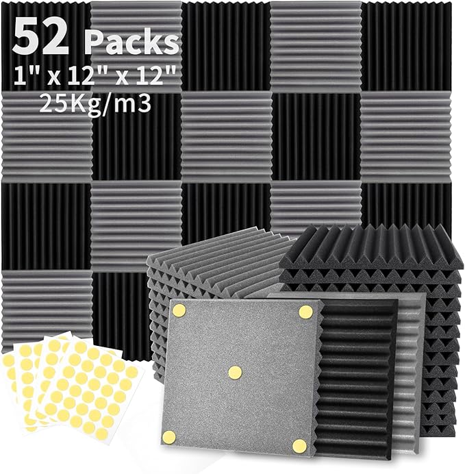 Focusound 52 Pack Black GreyAcoustic Foam Panels 1" x 12" x 12" Sound Proof by Focusound