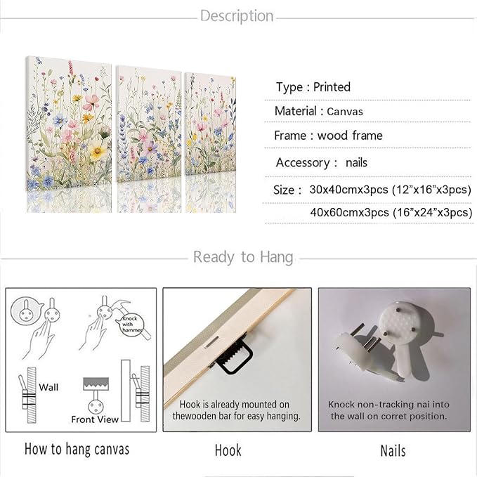 Bwodke Wildflower Wall Art Watercolor Botanical Floral Colorful Canvas Prints - Image 3