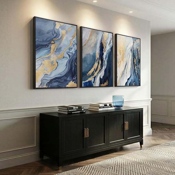 Large Framed Blue and Gold Abstract Wall Art - Image 2