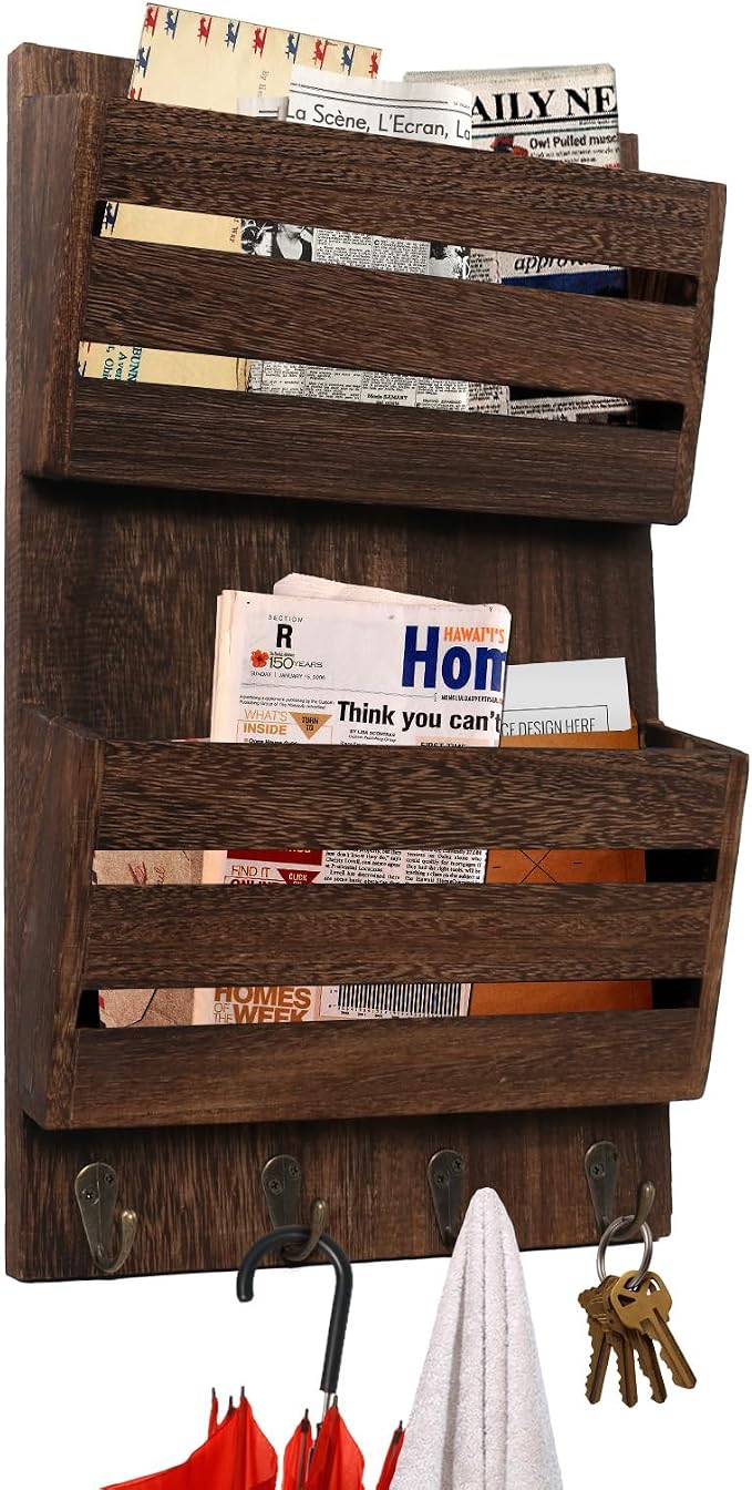 Mail Organizer Wall Mount with 4 Key Hooks, Rustic Wooden Hanging Mail Sorter - Image 7