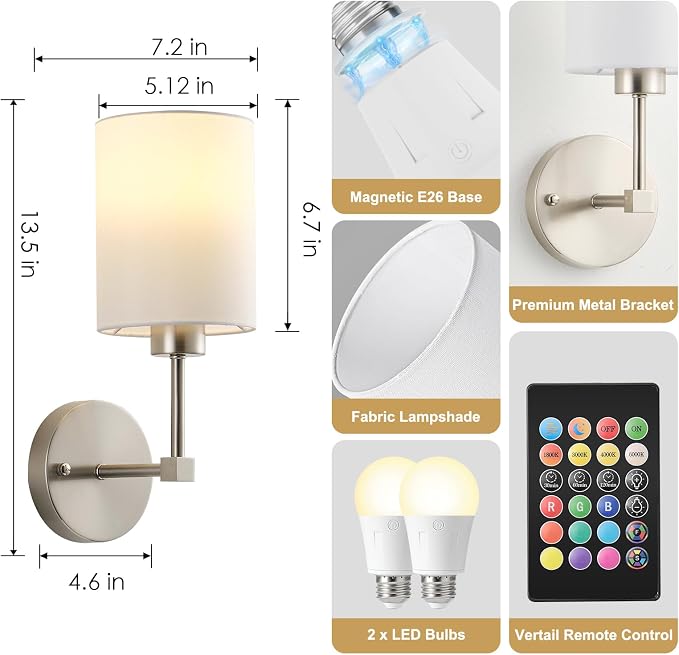 Battery Operated Wall Sconce Set of Two, Wireless Rechargeable Wall Light - Image 7