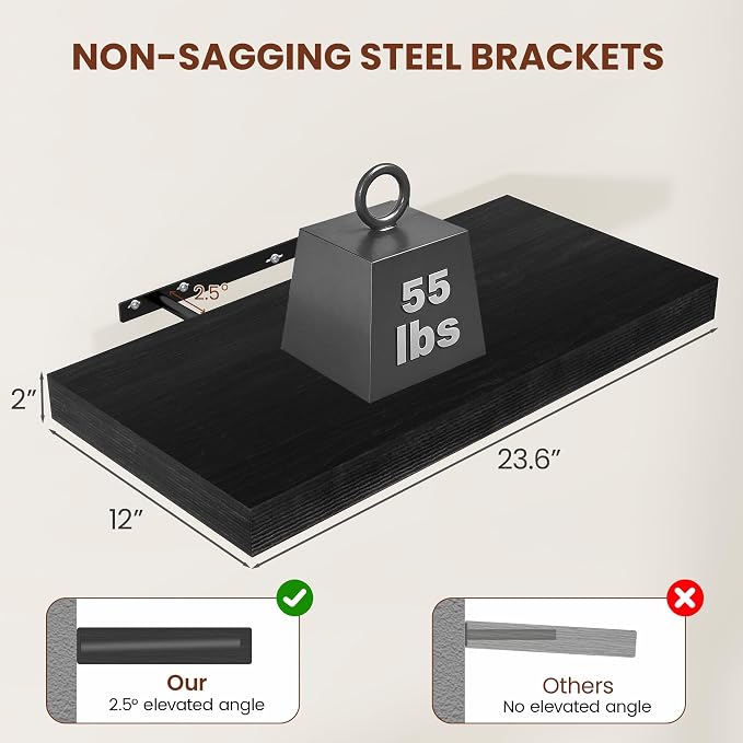 Black Floating Shelves for Wall 24 Inches Long, Heavy Duty Shelf for Bedroom - Image 3