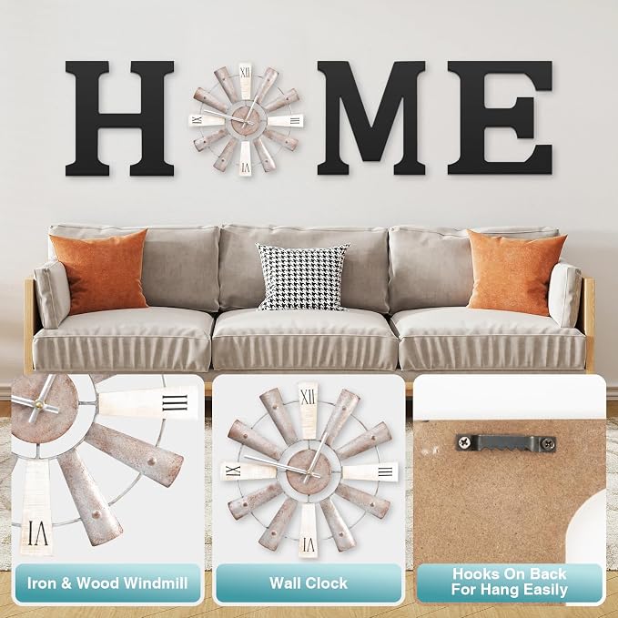 Farmhouse Home Signs with Windmill Clock Wall Decor Rustic Home Letters Wall Art - Image 3