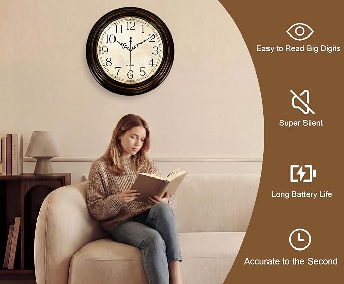 Vintage Wall Clock 13 Inch Quartz Silent Non-Ticking Analog Clock Battery - Image 2