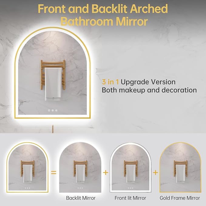 30"x36" Arched LED Mirror for Bathroom, Brushed Gold Lighted Bathroom Mirror - Image 5