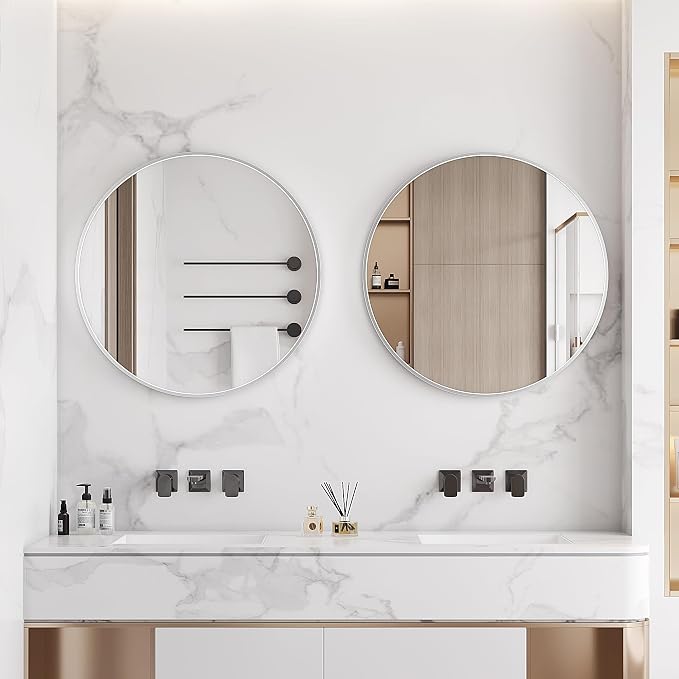 Itrue 36 Inch Round Wall Mirror, Brushed Silver Metal Frame Circle Bathroom - Image 7