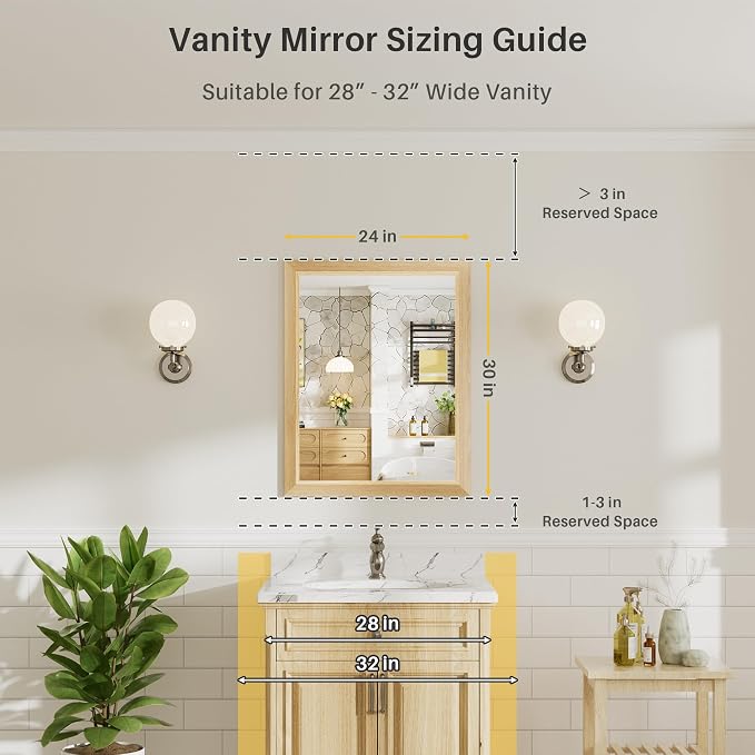 24x30 Inch Bathroom Mirror for Wall, Anti-Rust Oak Wood Grain Metal Framed - Image 2