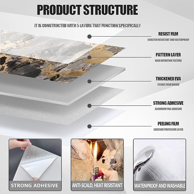 10pcs Peel and Stick Tile Shower Waterproof Marble Tiles Wall Panels, - Image 5