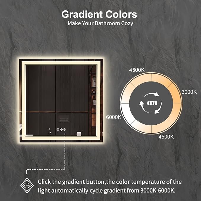 LED Mirror for Bathroom, 36x36 Inch, 3 Colors Dimmable CRI>90 Double Lights - Image 3