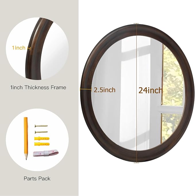 CULER Round Wall Mirrors 24 Inch, Wood Rustic Decorative Transitional Mirror - Image 4