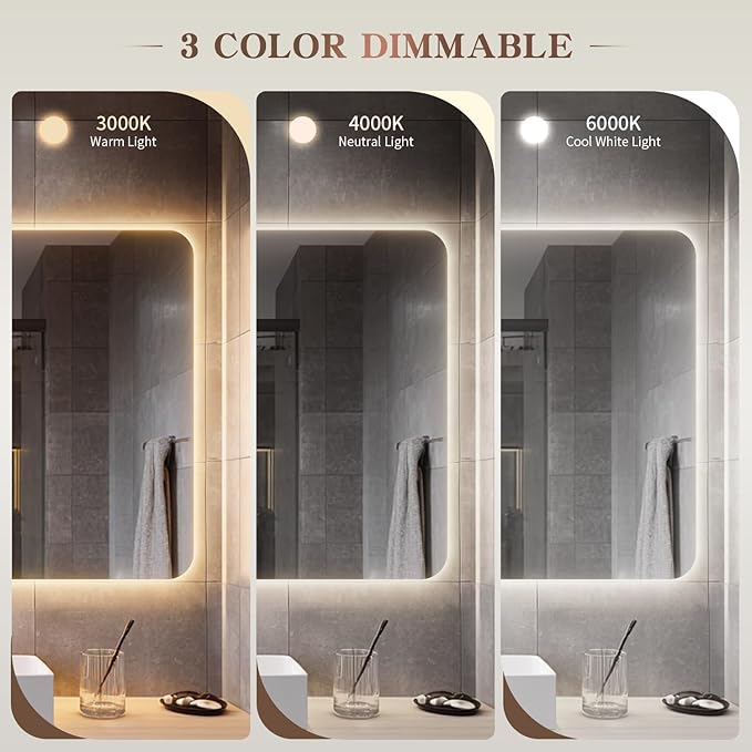 EOGOW Backlit Mirror for Bathroom, Stepless Dimmable, 3 Color Lights, High Lumen - Image 3