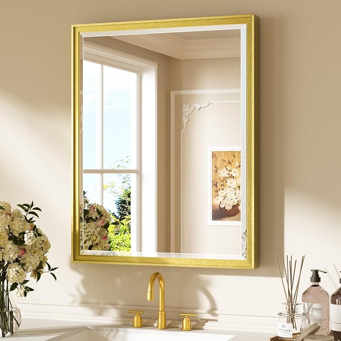 Keonjinn Brushed Gold Bathroom Mirror 24" x 30", Beveled Edge Tempered Glass by Keonjinn