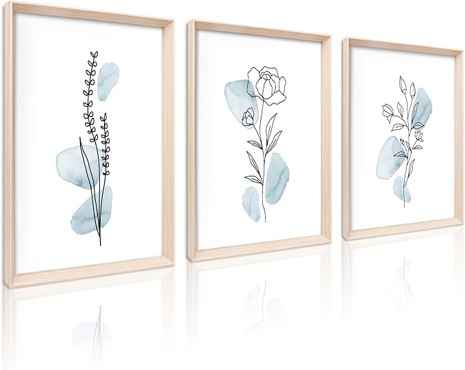 HesenDot Framed Blue Floral Canvas Wall Art, Minimalist Botanical Wall Art Decor by HesenDot