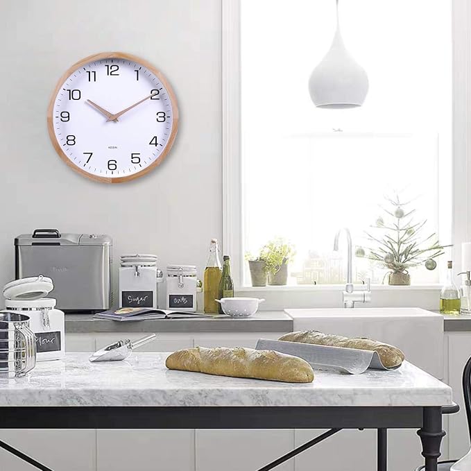 Kesin 12 Inches Wooden Round Silent Wall Clock White Wood Wall Clocks Analog - Image 4