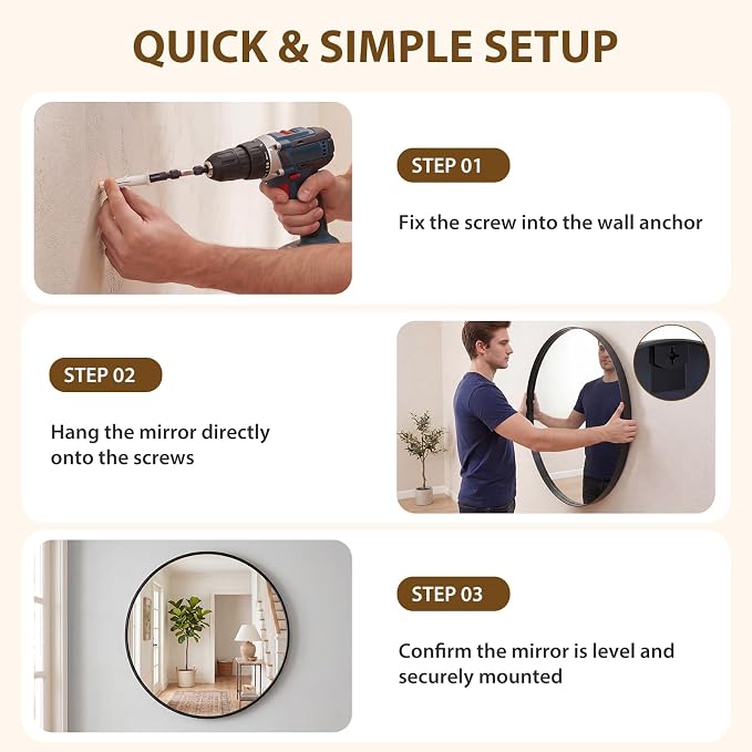 NEWBULIG 28-Inch Round Wall Mirror, Bathroom Wall Circle Mirror - Image 6