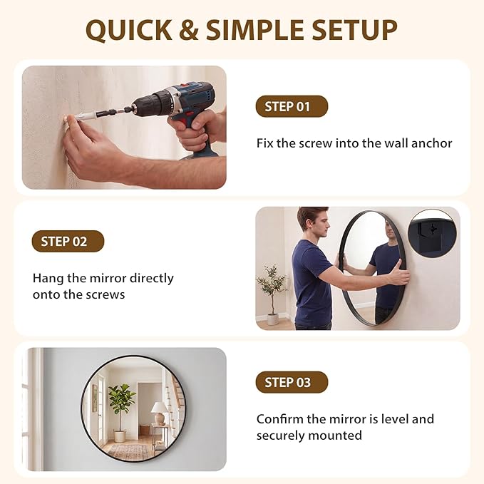 NEWBULIG 24-Inch Round Wall Mirror, Bathroom Wall Circle Mirror - Image 6