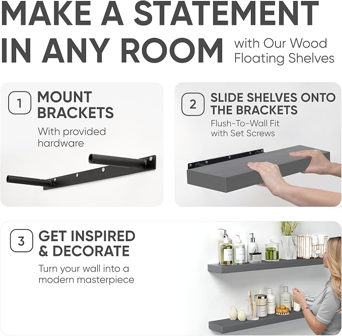 Homeforia 36 inch Gray Floating Shelves, High End Solid Real Wood 36inch - Image 5