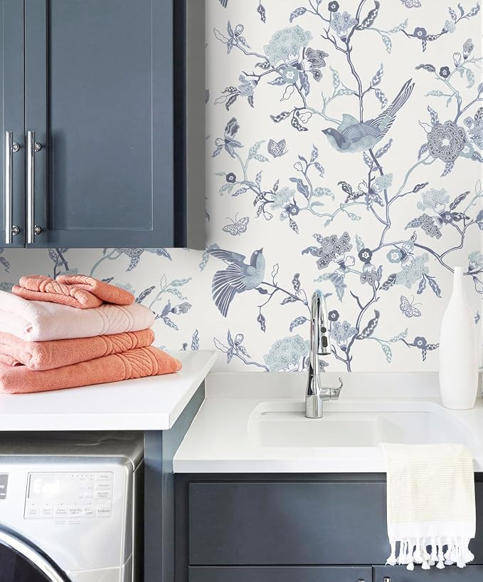 Timeet Peel and Stick Wallpaper Vintage Floral Contact Paper Blue and White - Image 2