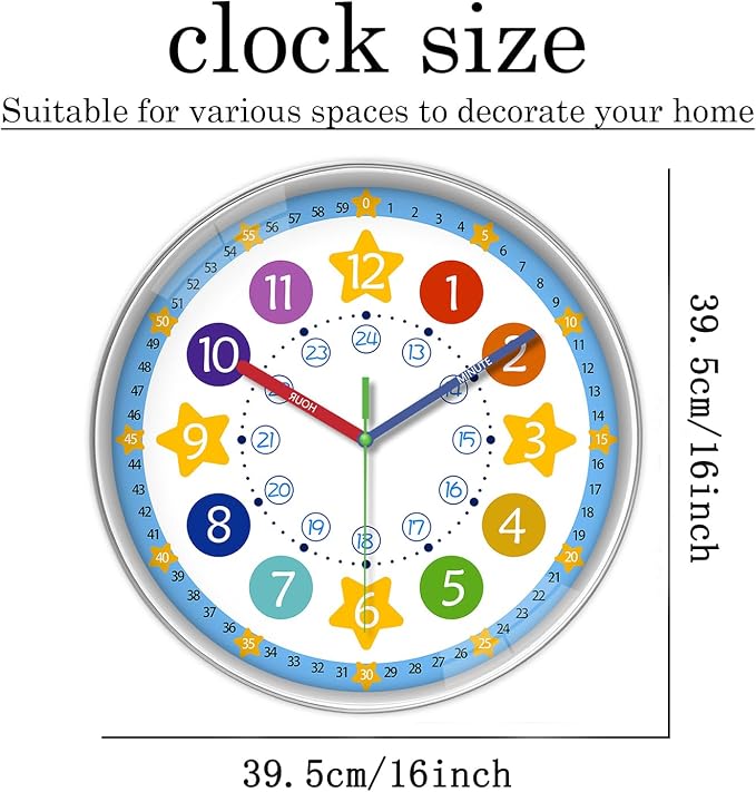 XFM Large Kids Wall Clock 16 Inch Silent Non Ticking Quartz Battery Operated - Image 6