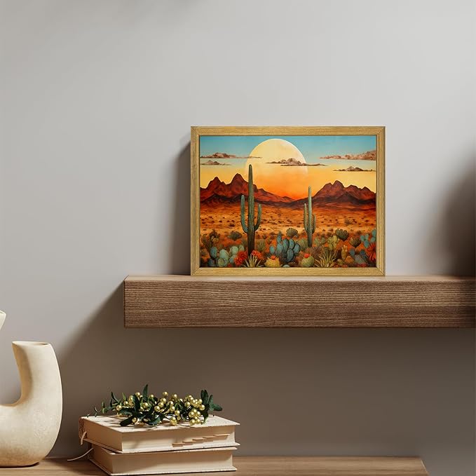 Framed Western Desert Sunset Cactus Wall Art, Vintage Southwest Nature - Image 8