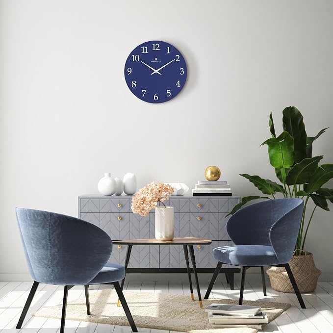 Lafocuse 12 Inch Wooden Navy Blue Wall Clock Battery Operated, Simple - Image 2