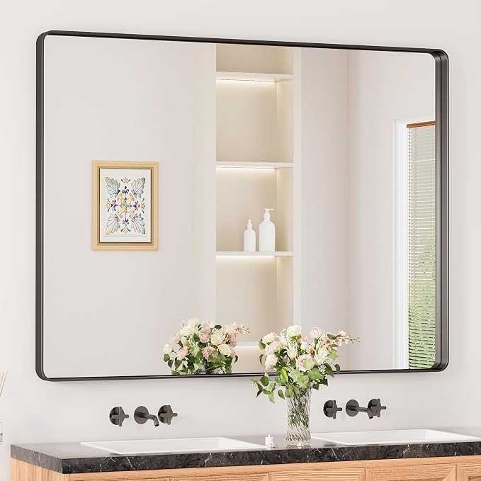 Keonjinn Black Bathroom Mirror for Over Sink, Matte Black Sandblasted Finish by Keonjinn