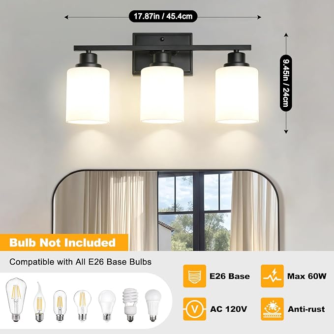 Unicozin 3-Light Bathroom Light Fixtures, Modern Black Vanity Light Over Mirror - Image 3