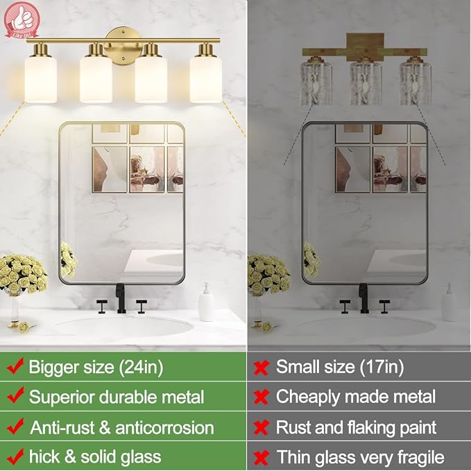 Zarbitta 4-Light Bathroom Light Fixtures, Brushed Gold Modern Vanity Lights - Image 3