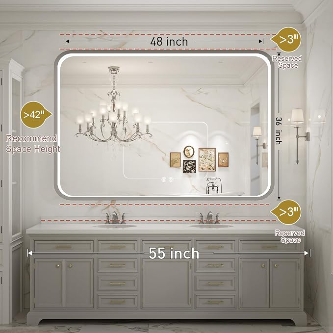 LED Bathroom Mirror with Lights, 48x36 Inch Brushed Silver Framed Lighted - Image 7