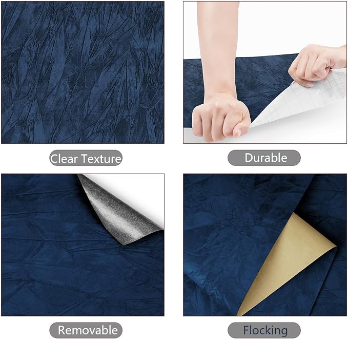 YENHOME 30"X393" Self Adhesive Blue Felt Fabric Wallpaper Peel and Stick Blue - Image 6