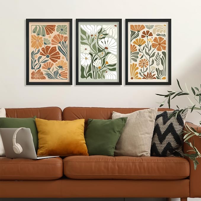 YWJKWLGS Mid Century Boho Wildflower Wall Art Set of 3, 16x24 Inch Black Framed - Image 3