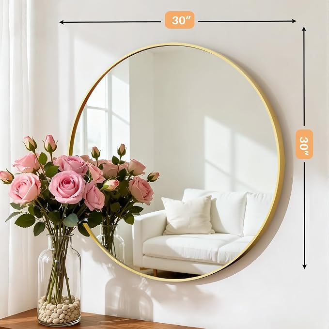 Bathroom Mirror for Wall, 30 Inch Round Mirror, Matte Gold Metal Framed Circle - Image 3
