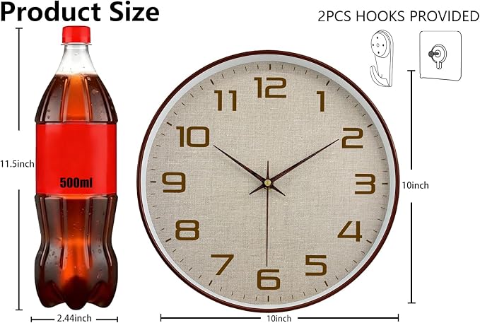 Woodgrain Wall Clock, Silent Non-Ticking Battery Operated Clock 10 Inch - Image 3