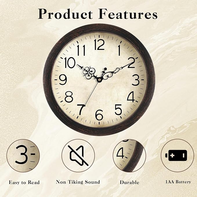 KECYET Wall Clock, Vintage Wall Clocks Battery Operated Quartz Silent - Image 3