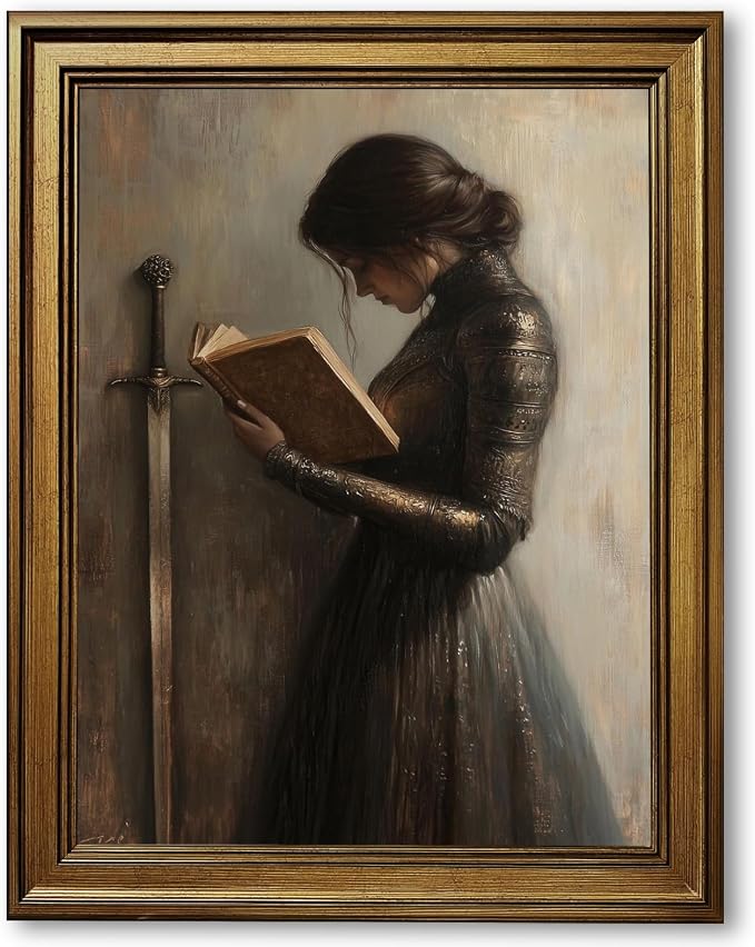 Retro Gold Framed Victorian Woman Knight Reading Book Wall Art Medieval Warrior by Unknown