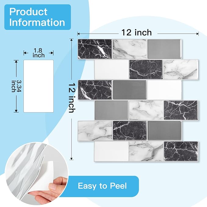 Art3d Peel and Stick Black White Grey Marble Wall Tiles – 12"x12" Thicker - Image 8