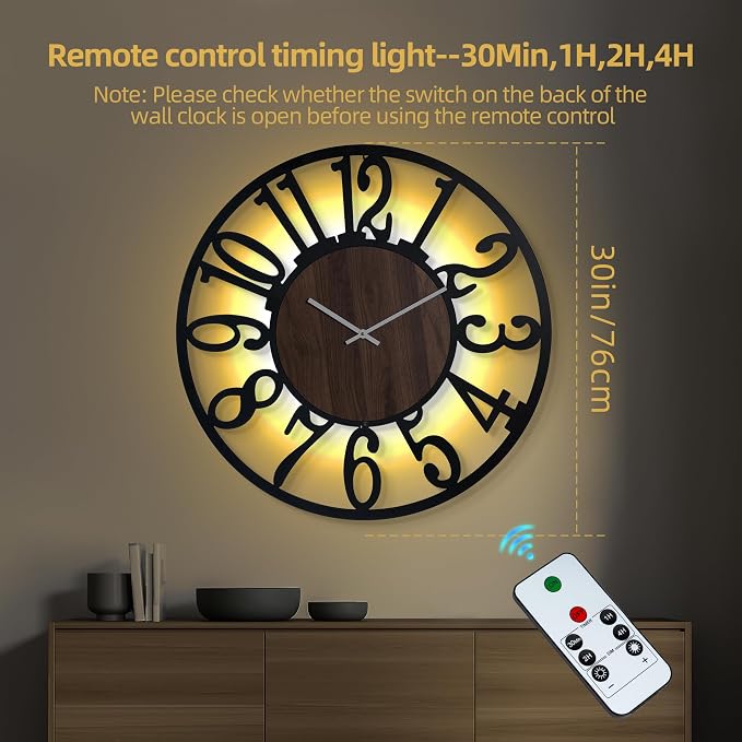 LEIKE Large Wall Clock 30'' Lighted Rustic Wood Clock - Image 2