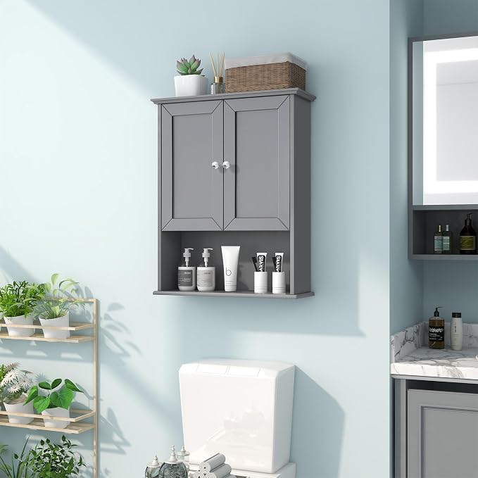 VANIRROR Grey Wall Mounted Bathroom Cabinet 24x30 Inch Wooden Over Toilet - Image 4