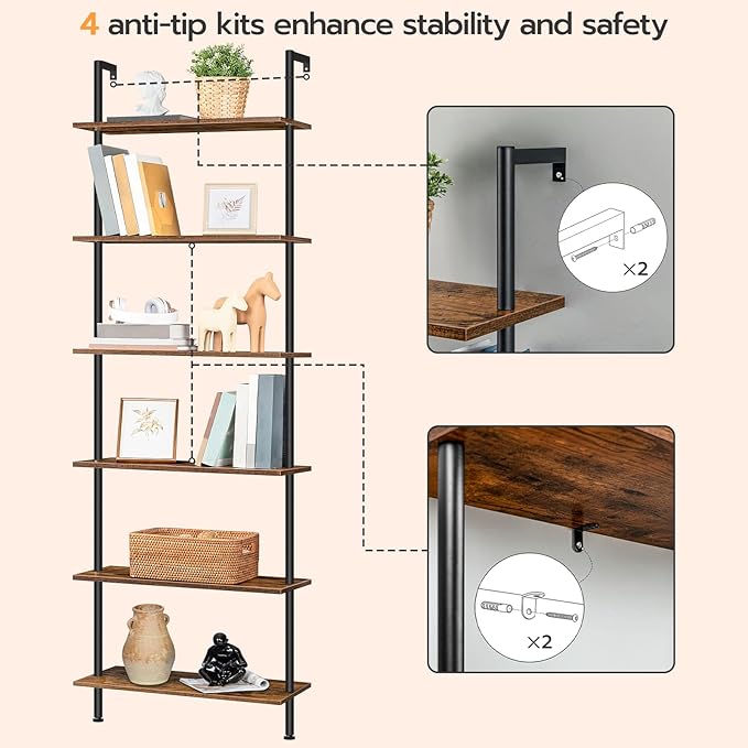 HOOBRO DIY Ladder Shelf, 6-Tier Wall Mounted Bookshelf, Office Vertical Bookcase - Image 7