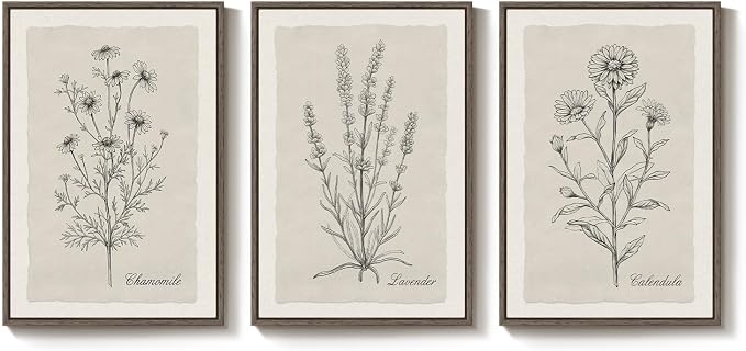 Framed Farmhouse Botanical Canvas Wall Art Set of 3, Large Vintage Neutral - Image 4