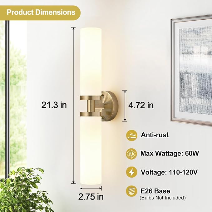 Indoi Wall Sconces Set of Two, Hardwired Brass Bathroom Sconces Wall Lighting - Image 4