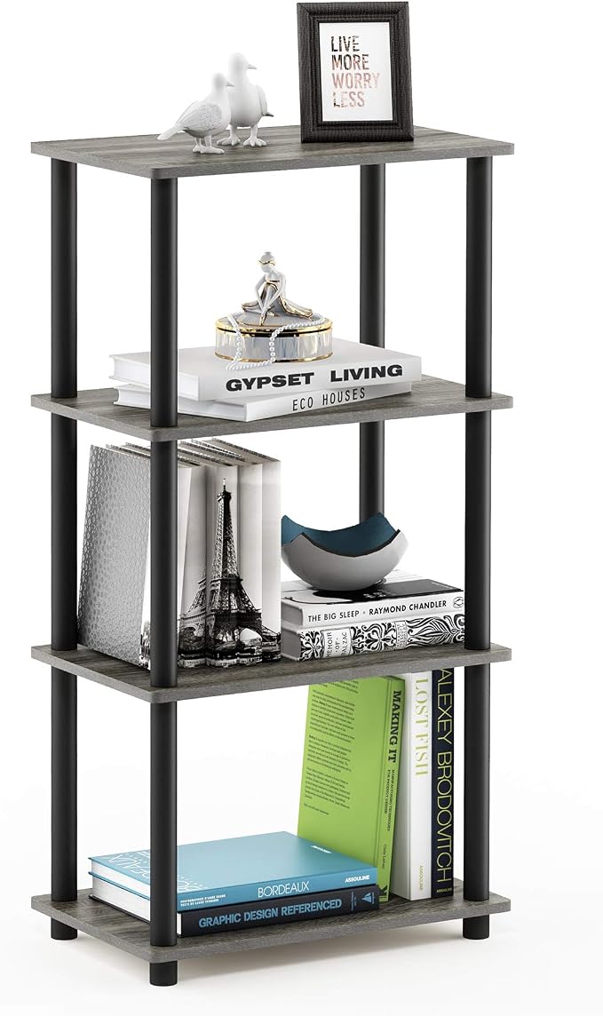 Furinno Turn-N-Tube No Tool 4-Tier Storage Shelf, French Oak Grey/Black by Furinno-FitsYourSpaceFitsYourBudget